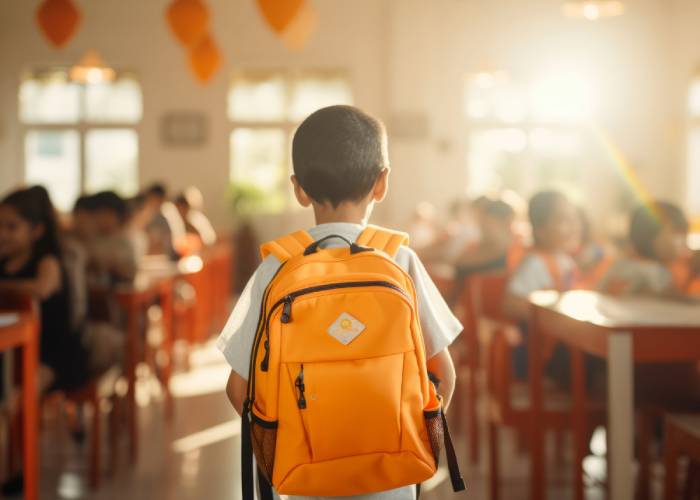 A child with a backpack walks through a classroom, surrounded by desks and educational materials.