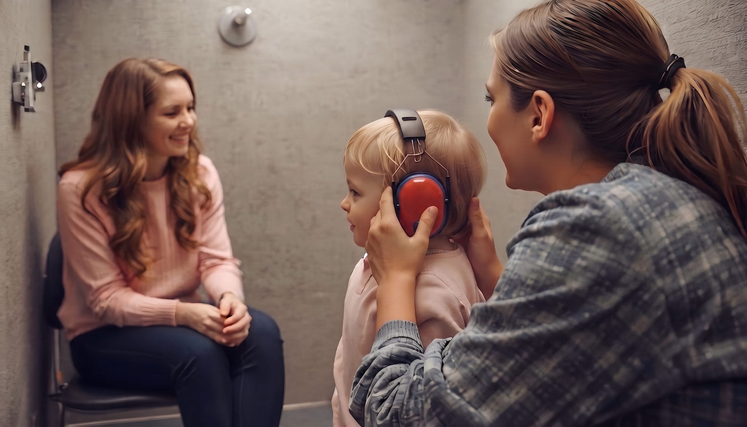 A woman adjusts bright red ear defenders on a young child's head while another woman smiles in the background within a room with grey textured walls.