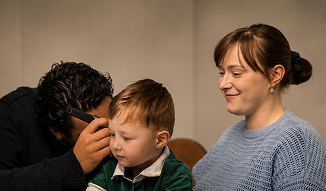 A medical professional examines a young child's ear with an otoscope, while a woman watches with a gentle smile.