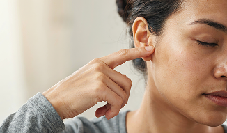 Close-up of a person's face with their finger gently touching their earlobe.