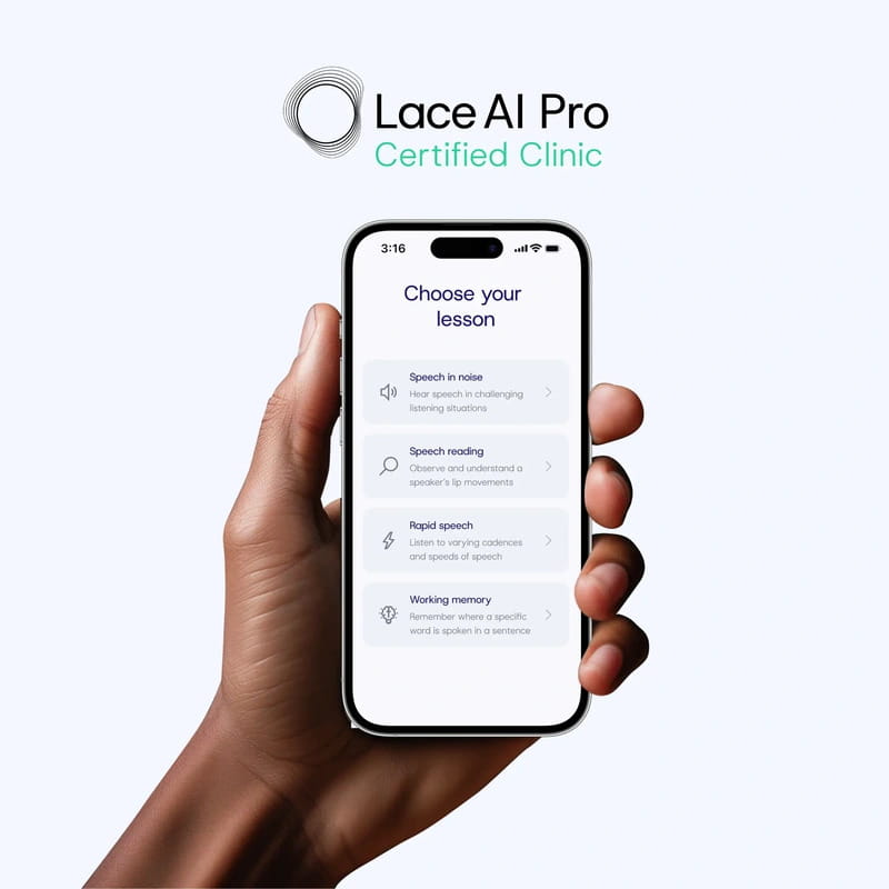 A hand holds a smartphone displaying the Lace AI Pro Certified Clinic app, with the "Choose your lesson" screen visible. The screen lists four lesson options: "Speech in noise," "Speech reading," "Rapid speech," and "Working memory."